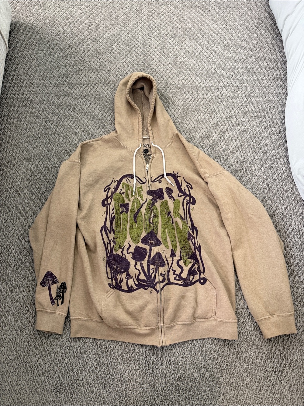 Zip-Up Hoodie Jacket in Beige with Green & Purple Mushroom Art